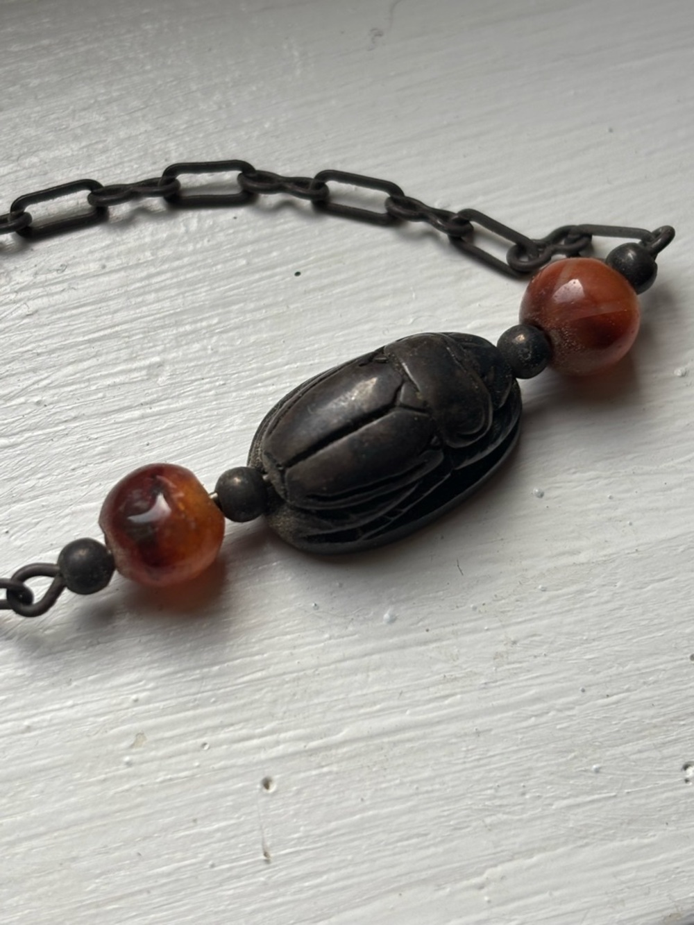 Vintage Scarab Bracelet with Amber Beads - Brown and Black